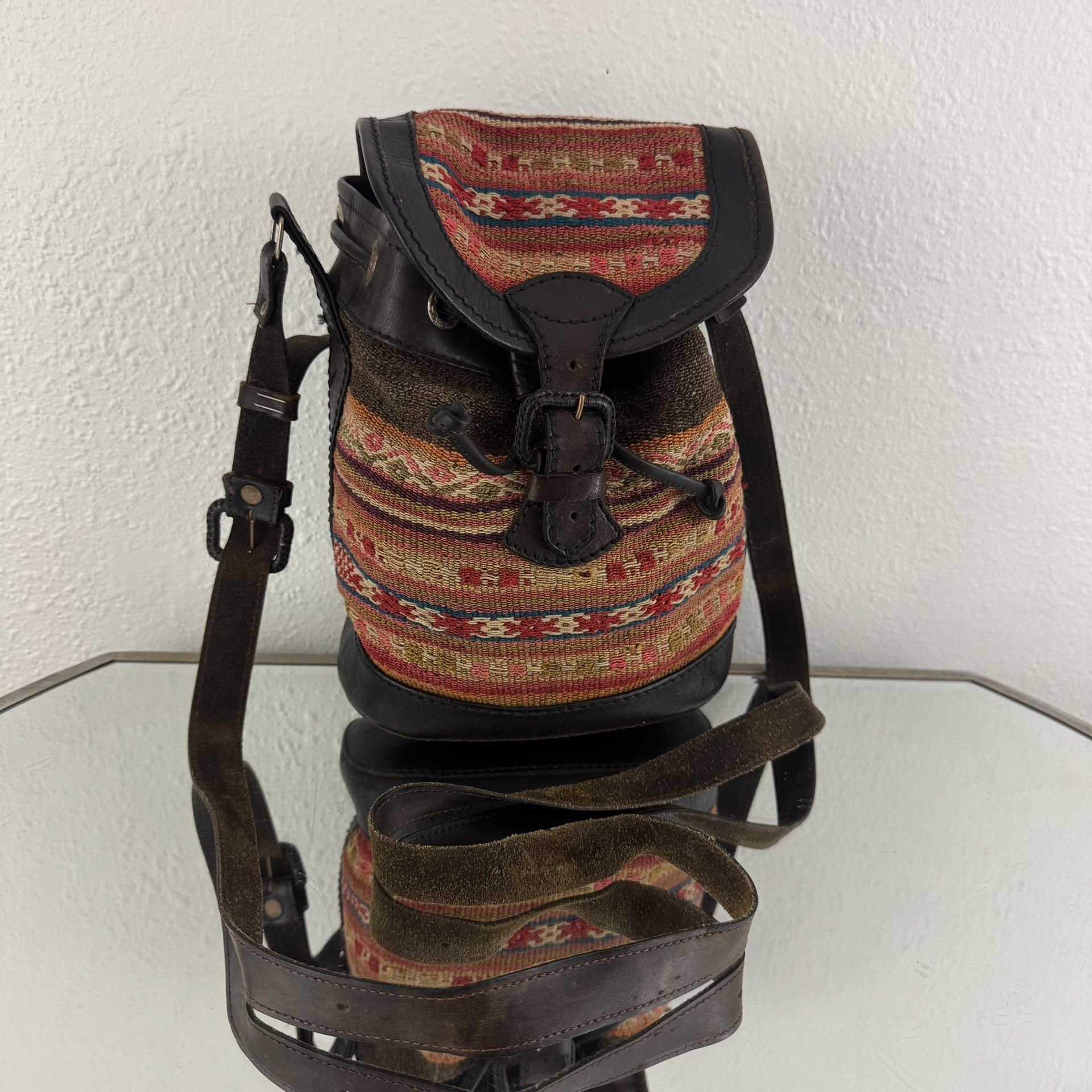 Vintage Brown Leather Orange Red Tapestry Buckle Strap Bucket Crossbody Bag