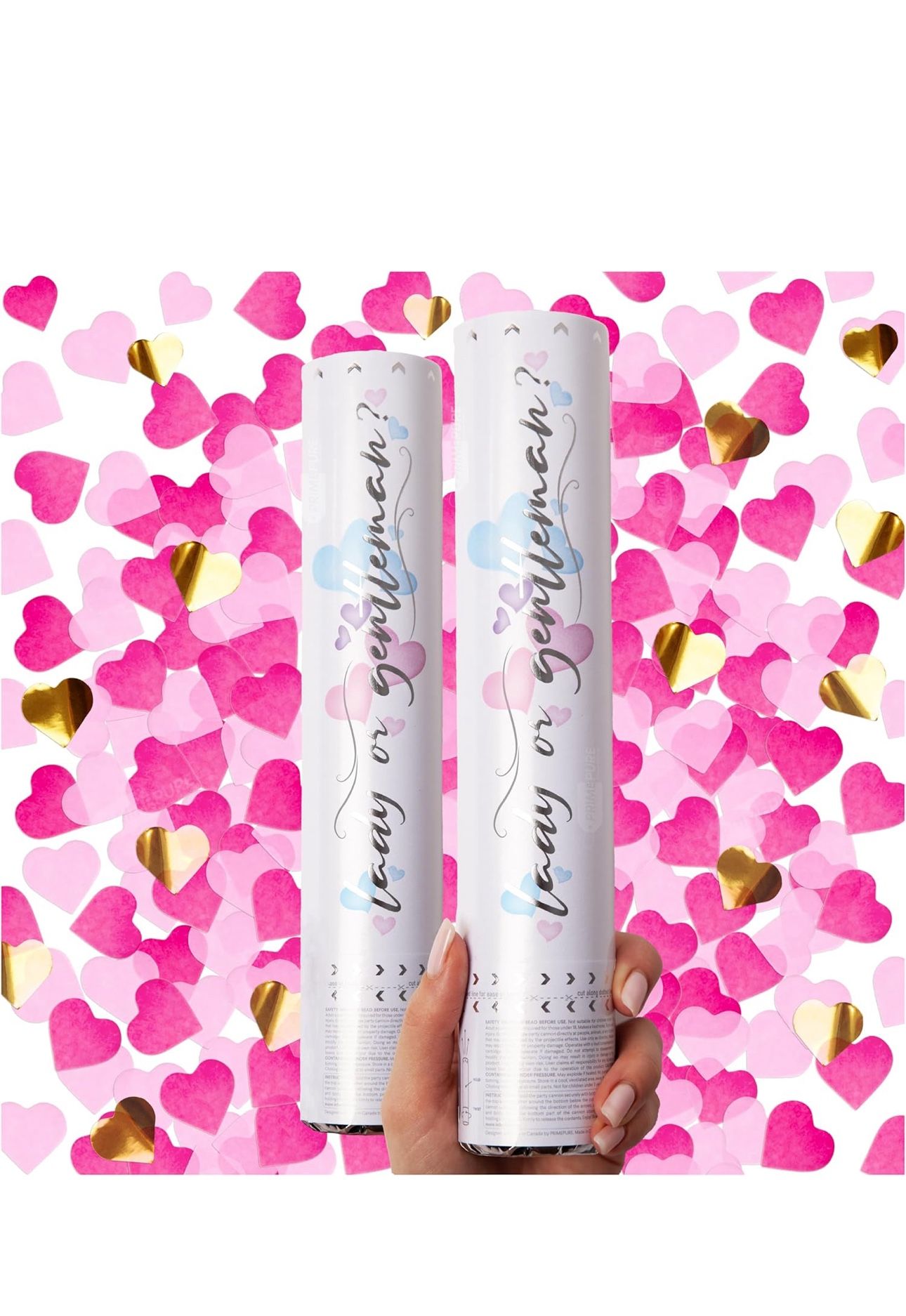 2 Gender Reveal Confetti Cannon - Heart Shaped Confetti Poppers - Pink, 2 Pack - Baby Girl New