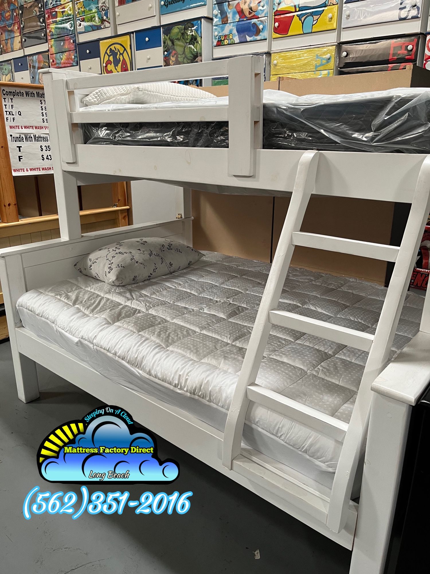 Twin Full Premium White Bunk Bed Complete Set With Mattresses