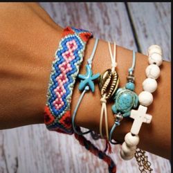 *SALE PRICE* Handmade Rope Weave TURTLE STARFISH (5) Bracelet Set Beach Tassel Shell *See My Other 600 Items*