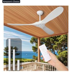 52 Inch White Ceiling Fan No Light ，Wood Outdoor Ceiling Fans for Patios Living Room Bedroom Dc Reversible Modern Ceiling Fan Without Light with Remot
