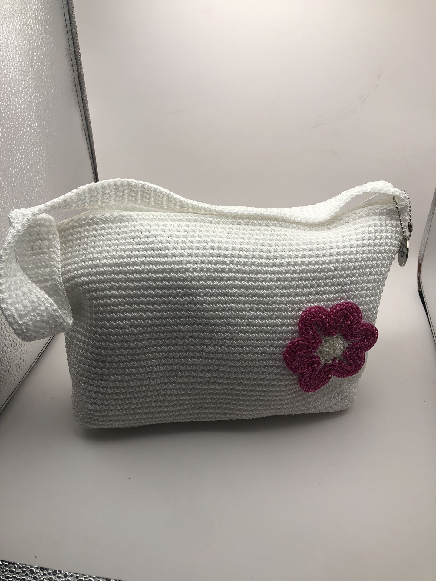 Sak Y2K Crocheted Shoulder Purse, White With Pink Flower NWT