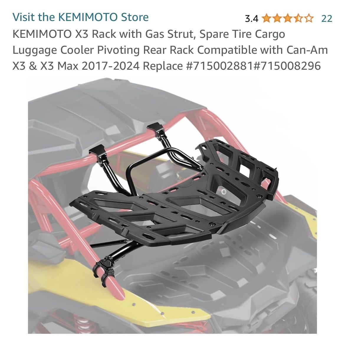 KEMIMOTO X3 Rack with Gas Strut, Spare Tire Cargo Luggage Cooler Pivoting Rear Rack Compatible with Can-Am X3 & X3 Max 2017-2024 