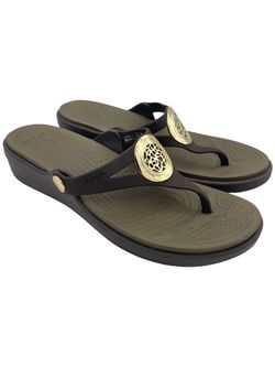 Crocs Sanrah brown gold medallion wedge sandals flip flop slide women's Size 7