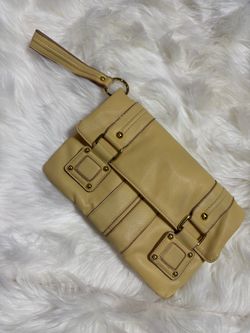 Daisy Fuentes Y2K Wristlet Clutch Purse Yellow Tan Gold Hardware Buckle Bag