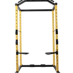 Adjustable Yellow Black Steel Power Rack with Pull Up Bar, Dip Handles