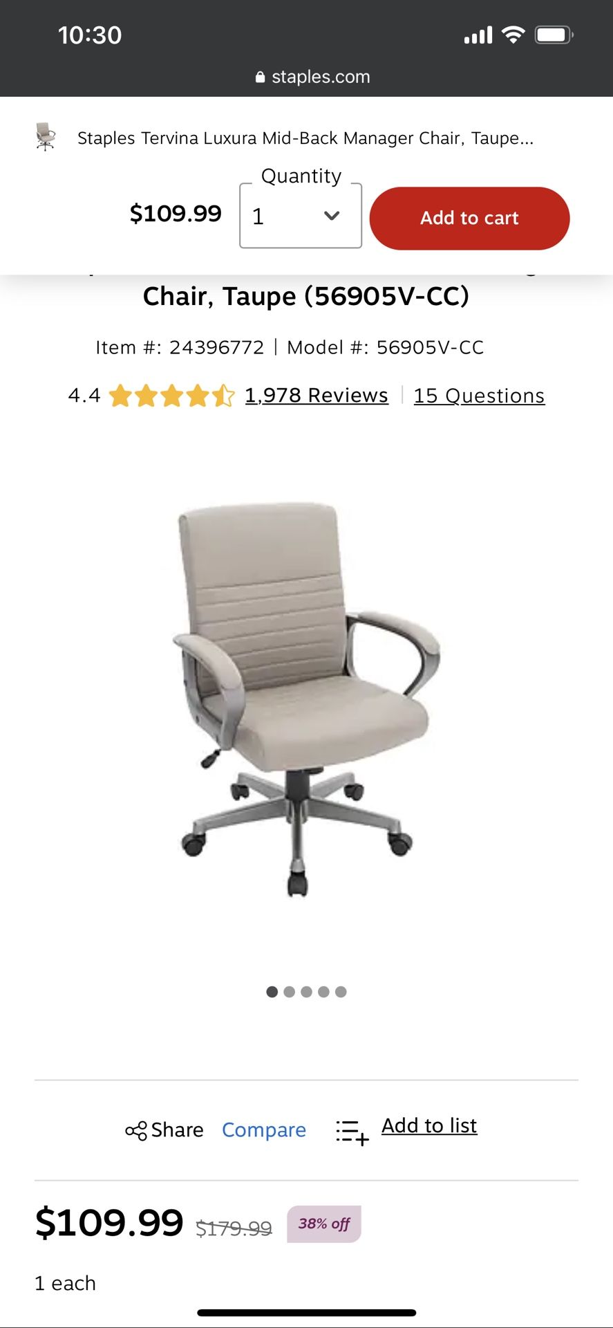 Staples Tervina Luxura Mid-Back Manager Chair, Taupe (56905V-CC)