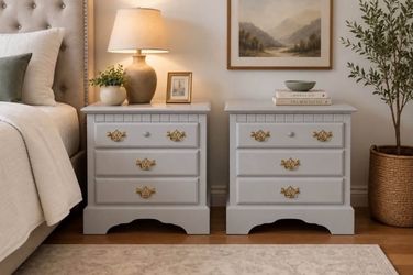 Pair of Light Gray 3-Drawer Nightstands with Brass Hardware