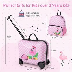 Kids Ride-On Suitcase + Backpack Set - Pink Checkered Flamingo - 18" Carry-On Luggage - New