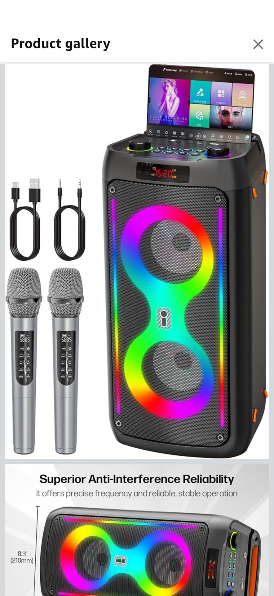 Karaoke Machine, Portable Bluetooth Speaker with 2 Wireless Microphones, PA System with Disco Lights for Big Party, Outdoor, Supports USB/TF/REC/AUX,