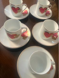 Set of 5 Heart Espresso Cups and Saucers