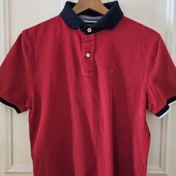 Boys Size Medium Tommy Hilfiger Red With Blue Collar Polo
