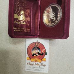 1990 Bugs Bunny 50th Anniversary 1 Oz Proof Silver Coin.  Comes with Original Box and COA 
