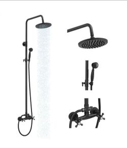 BWE 1-Spray Bathroom Outdoor Wall Bar Shower Kit with Tub Faucet and Double Cross Handle in Matte Black (Valve Included)