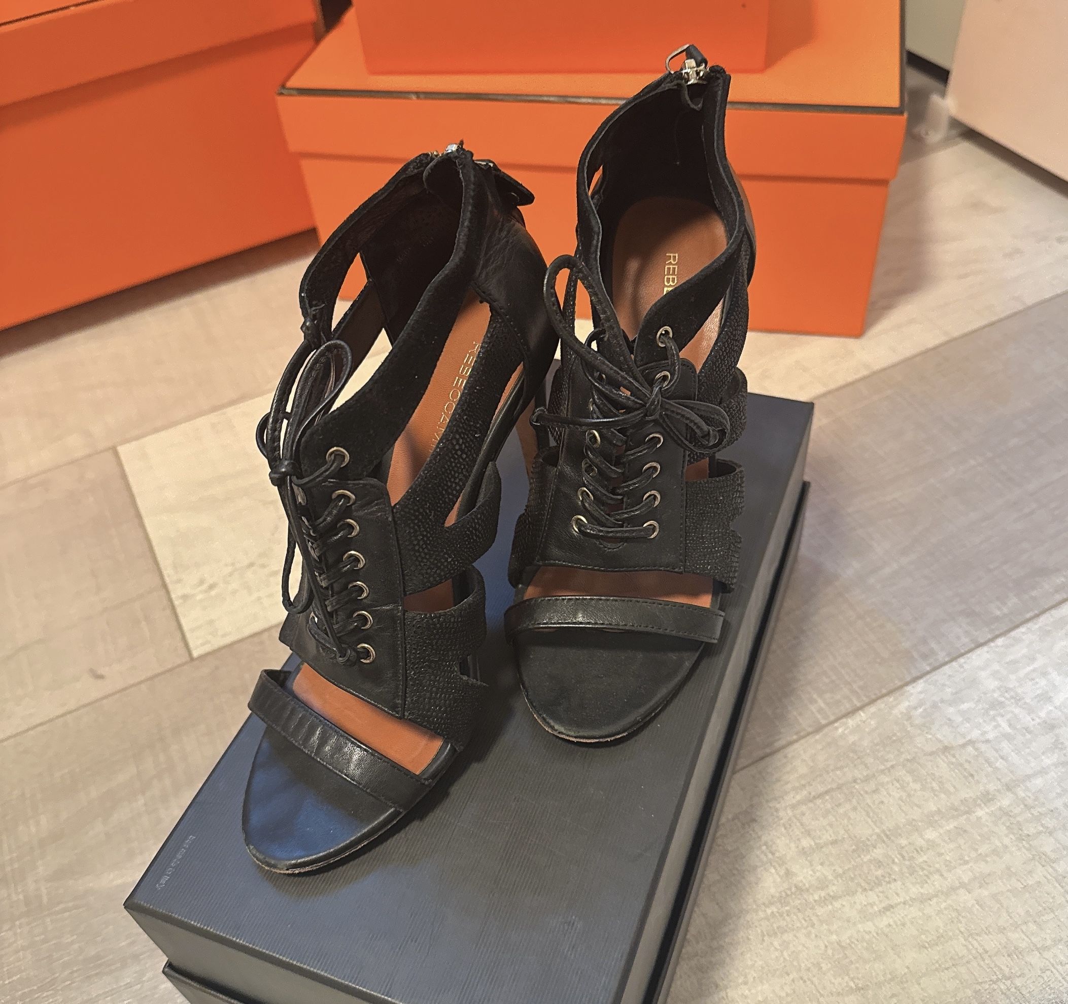 Rebecca Minkoff Black Lace Up Open Toe Heels