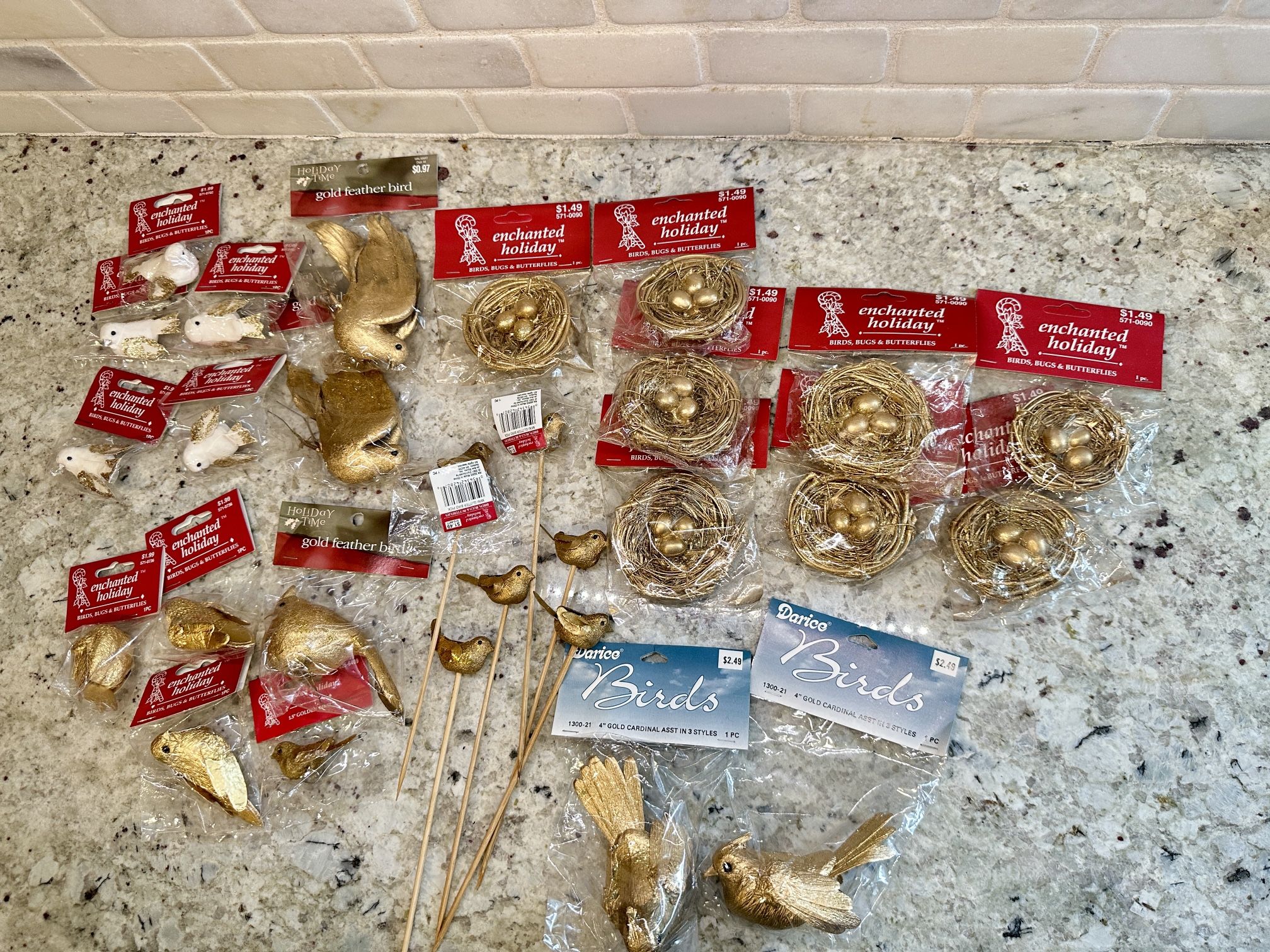 Christmas Ornaments Gold Birds Decor, Lot Of 28