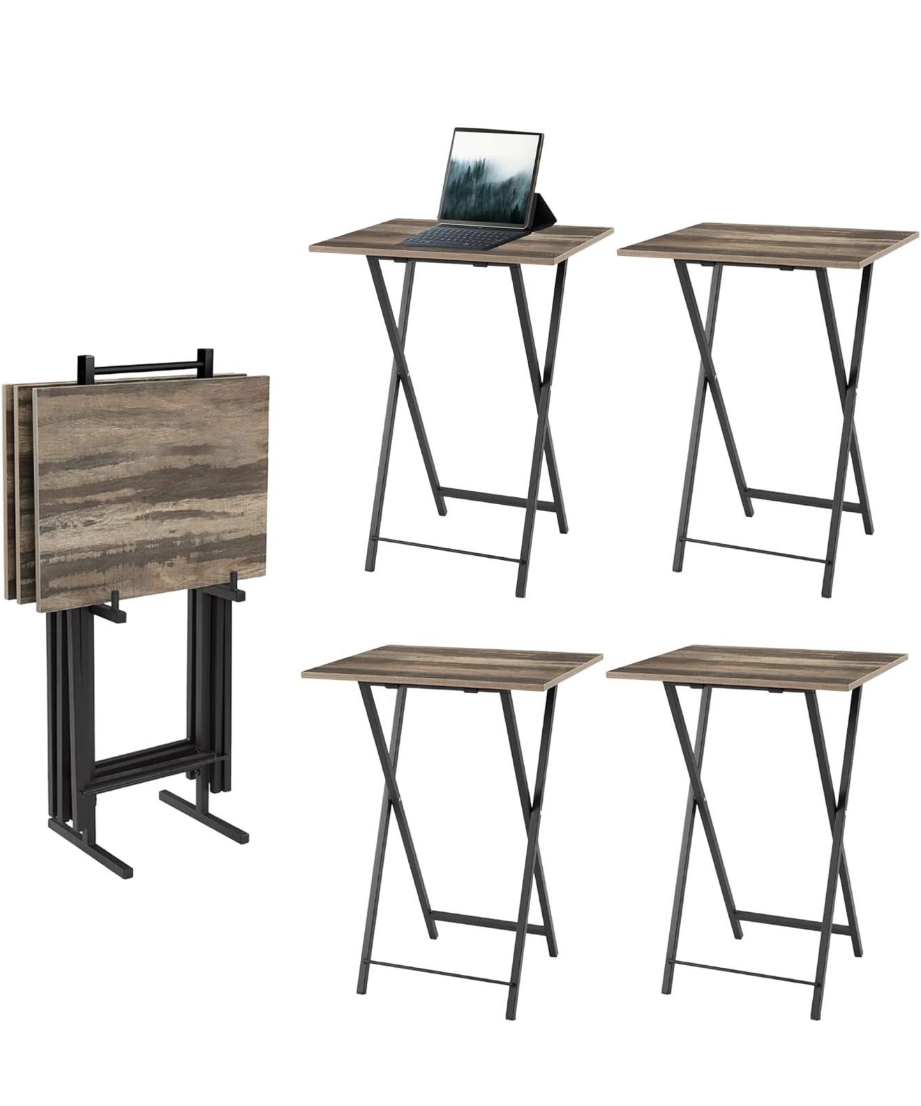 LIKE NEW 4 Brown Folding TV Trays Set w Stand / TV Dinner Tables Foldable Snack Side Table l