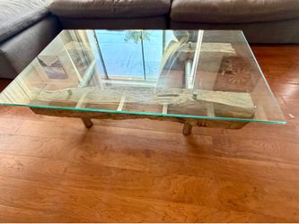 Reclaimed Live Edge Wood + Thick Glass Coffee Table
