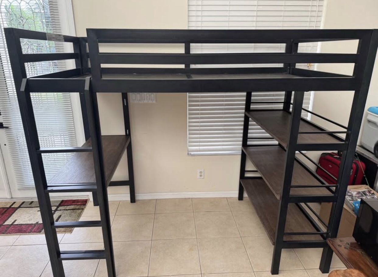 Restoration Hardware Metal Industrial Loft Twin Study Bunk Bed with Desk and Shelf Storage