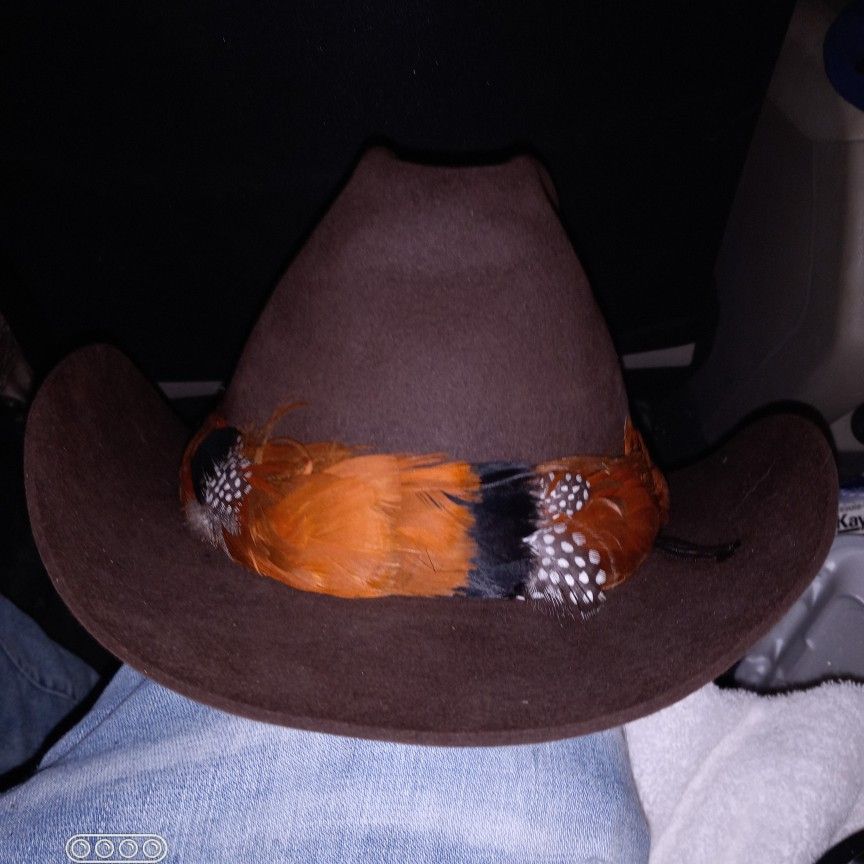 Smith built Bronco Brown Felt Cowboy Hat With Pheasant Head Band