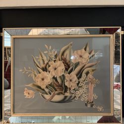 Vintage Mid Century Floral Print Wall Art With Mirror Frame 