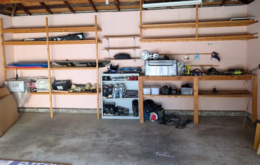 garage shelving wood wall/ceiling mount shelf units, workbench work tool bench