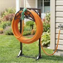 Garden Hose Reel, Heavy Duty Water Hose Holder for Outside Freestanding Metal Hose Stand Holds Up to 150 FT, Outdoor Hose Storage Rack and Organizer f