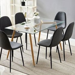 Glass Dining Table with Wooden Legs  