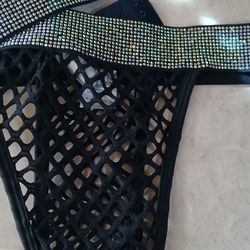 Rhinestone trimmed fishnet two-piece set black