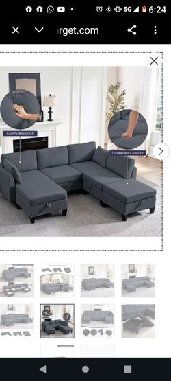 Mjkone Flexible Combination Reversible 4-Seater Modular Sofa with Storage Ottomans,Rivet Design Convertible Sleeper Sofa,Dark Grey