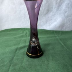 Vintage amethyst glass bud vase with raised enamel and gold 