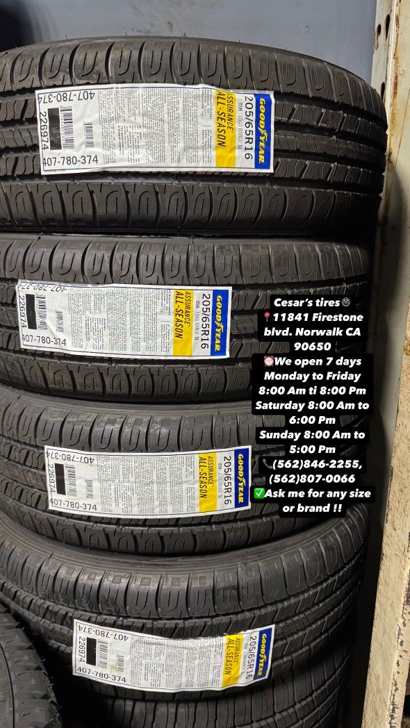 205/65R16 GOODYEAR ASSURANCE AS A SET OF FOUR NEW TIRES, INCLUDES MOUNTING AND BALANCING WITH WARRANTY, ASK ME FOR ANY SIZE OR BRAND, WE HAVE THE BES