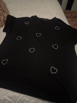 XL Black T-Shirt with Rhinestone Heart Embellishments
