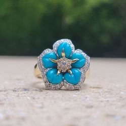 14K Gold Turquoise Diamond Vintage Ring (Jewelry Box Included)