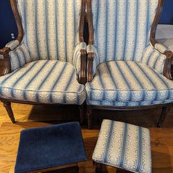 2 vintage mcm armchairs + footstools 
