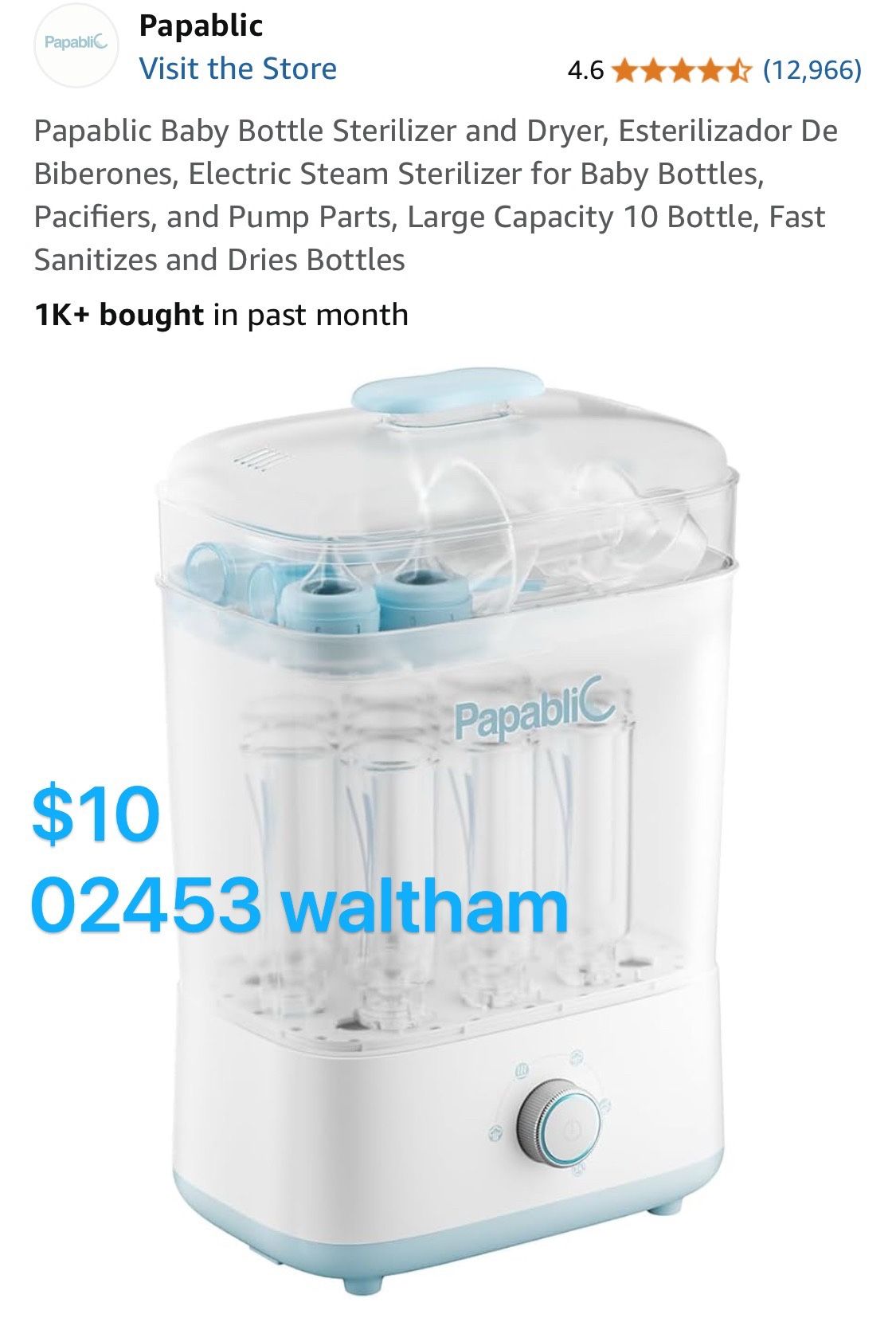 Papablic Baby Bottle Sterilizer and Dryer, Esterilizador De Biberones, Electric Steam Sterilizer for Baby Bottles, Pacifiers, and Pump Parts, Large Ca
