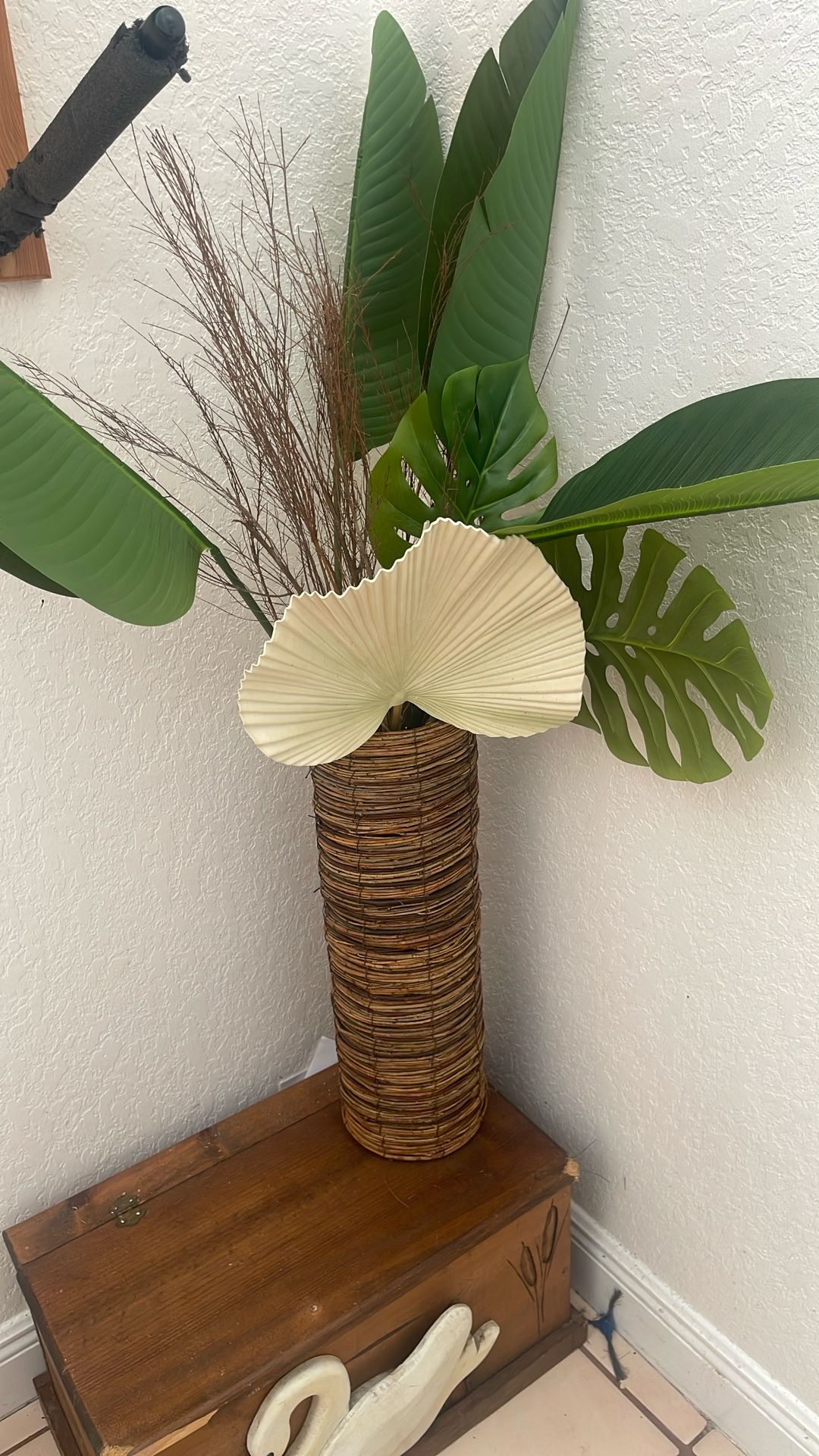 Decorative Long Wicker Vase And Artificial Plants