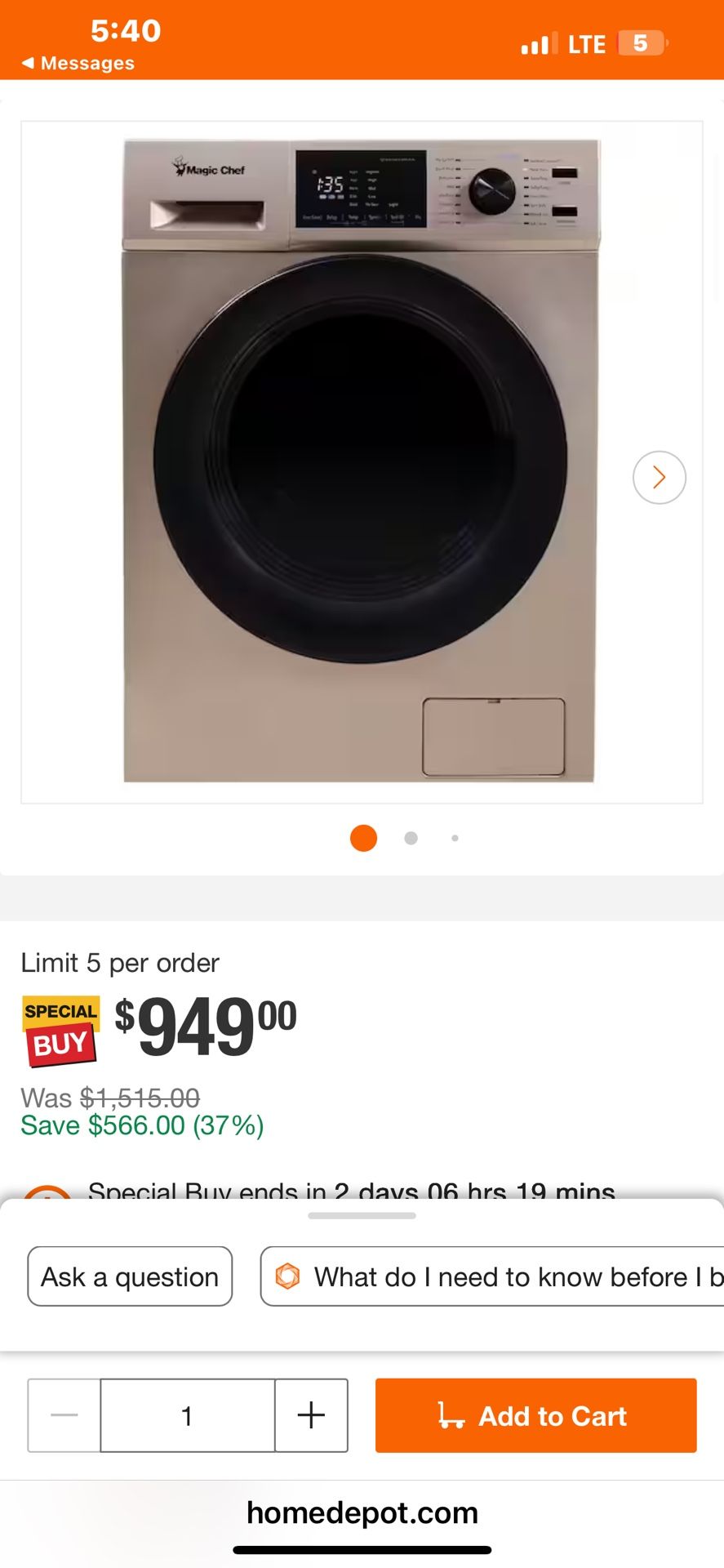 5:40 • Messages Magic Chef 2.7 cu. ft. 120-Volt Gold All in One Ventless Electric Washer Dryer Combo
