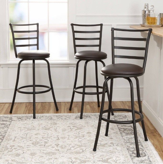 BRAND NEW
Mainstays Adjustable-Height Swivel Bar Stool, Hammered Bronze Finish, Set of 3, Espresso Vegan Leather,GBS592-A3FL