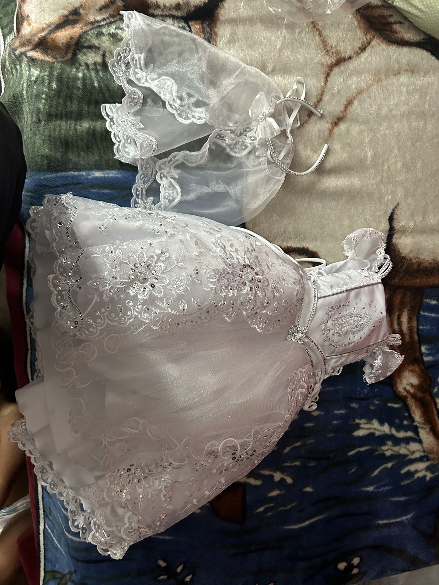 Baptism Rosa De Guadalupe Dress With Crown And Veil Bell