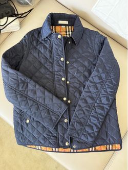 Burberry navy quilted jacket with button-up front and pockets. Size: 14 years #kidsfashion #luxury