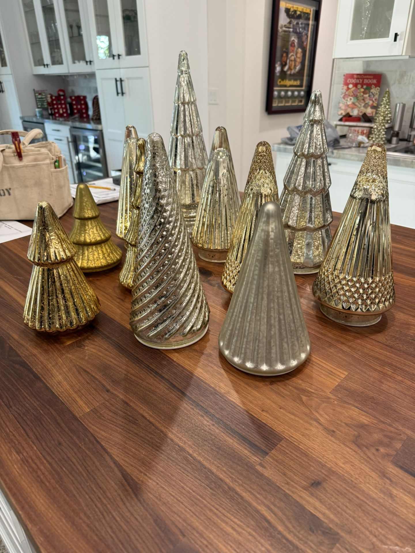 Mercury Glass Christmas Trees Battery Operated With Lights – Set of 11 (Gold & Silver)