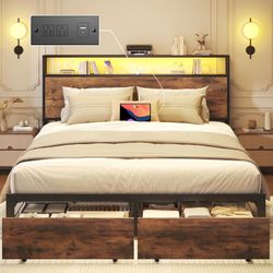 New Queen Bed Base with Charging Station and LED Lights, Metal Bed Frame with 2 Storage Drawers and Headboard, No Box Spring Needed, Easy Assembly, No