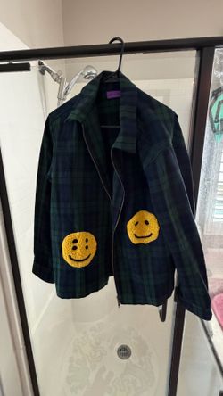 Cactus Plant Flea Market Green Navy Plaid Jacket Smiley Face Zip Men's Size 3