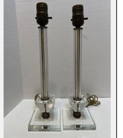 Vintage Mid-Century MCM 
Crystal Glass Art Deco Candlestick Boudoir Nightstand Lamps 13" (2) boho