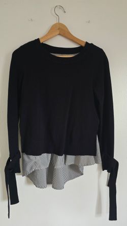 INC Women's XS Black Sweater Striped Ruffle Hem Tie Sleeves