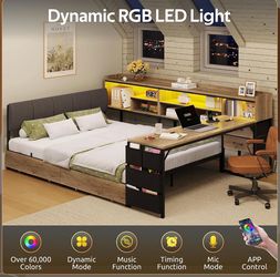Corner Bed Frame Full with Storage and Desk & 7 Bookcases, with Upholstered Headboard,4 Drawers,1 Bedside Organizer,LED Lights and Charging Station,Oa