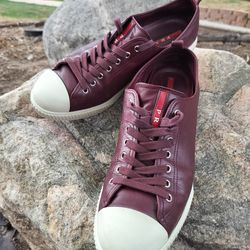 Authentic PRADA Burgundy Leather Low-Top Sneakers Size 9, GUC