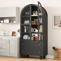 IDEALSOUL Arched Kitchen Pantry Cabinet, 71" Tall Wood Storage Cabinet with 2 Glass Doors, 4 Shelves and 2 Drawers, Food Cabinet for Kitchen, Living R