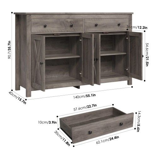 FMD-227
4-Doors 2-Drawers Farmhouse Buffet Cabinet with Storage, Wood Sideboard with Adjustable Shelves, Gray